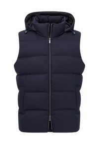 Mörkblå vadderad väst med hög krage, dragkedjeförslutning och slät textur. Har sidofickor och quiltad vadderingsdesign.