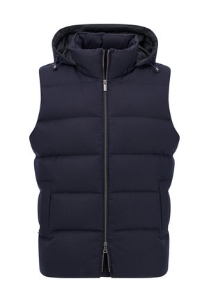 Smanicato imbottito blu navy con collo alto, chiusura con zip e texture liscia. Presenta tasche laterali e design trapuntato.