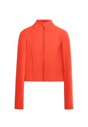 Kratka jakna v svetlo oranžni barvi, z visokim ovratnikom, celotnim zadrgo in dolgimi rokavi. Gladka tekstura z šivi in stranskimi žepi.