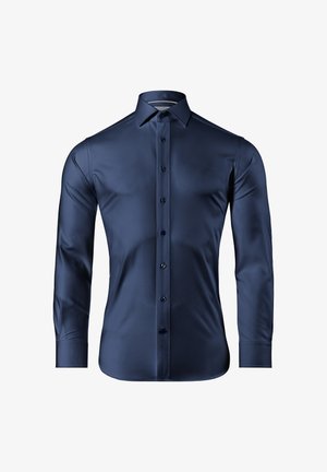 Chemise de couleur bleu marine à manches longues, en satin lisse, avec un col classique, un devant boutonné et des boutons assortis pour une allure élégante.