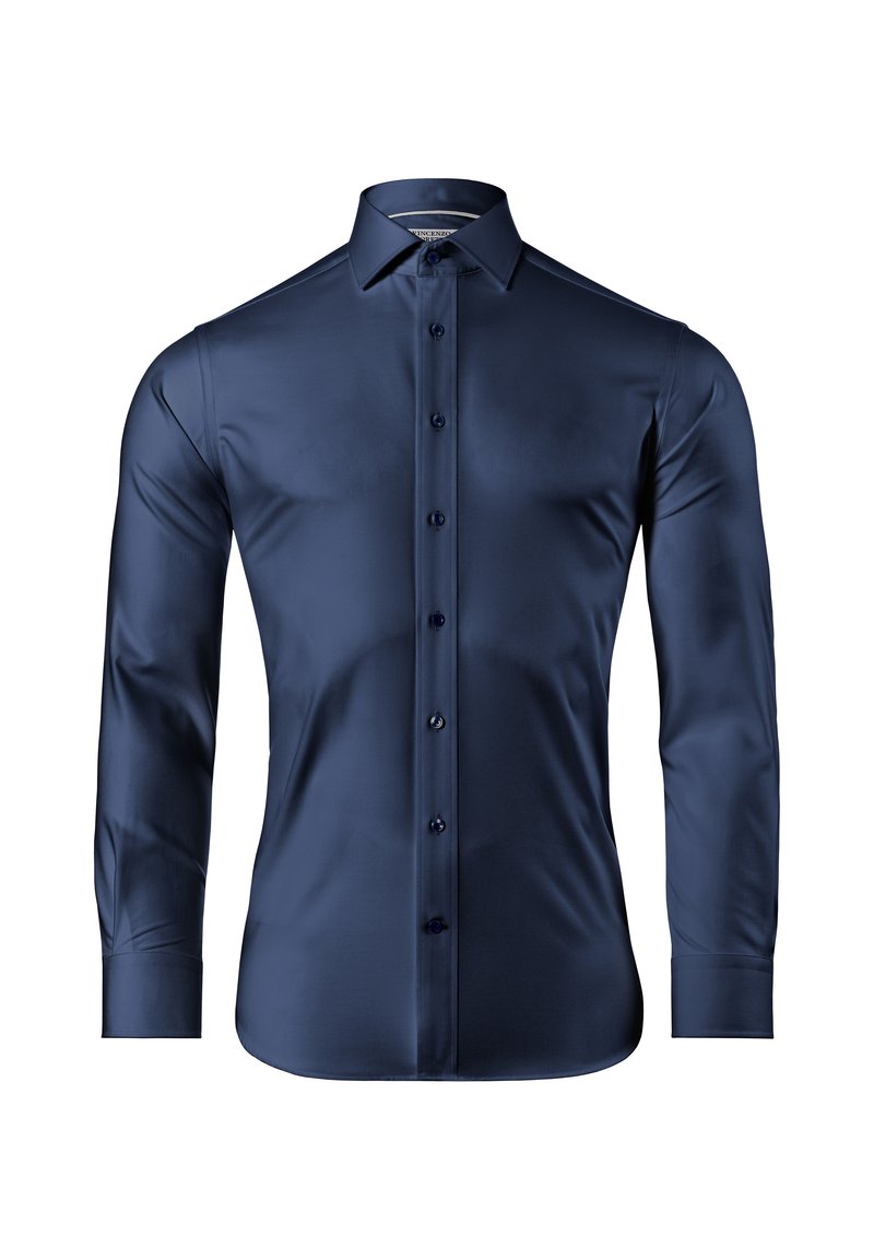 Dunkelblaues Hemd mit langen Ärmeln, glattes Satinmaterial, klassischer Kragen, durchgehende Knopfleiste und passende Knöpfe für ein elegantes Erscheinungsbild.