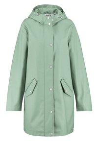 Green waterproof raincoat with a hood, snap buttons, and two angled pockets. Smooth texture and mid-length design.