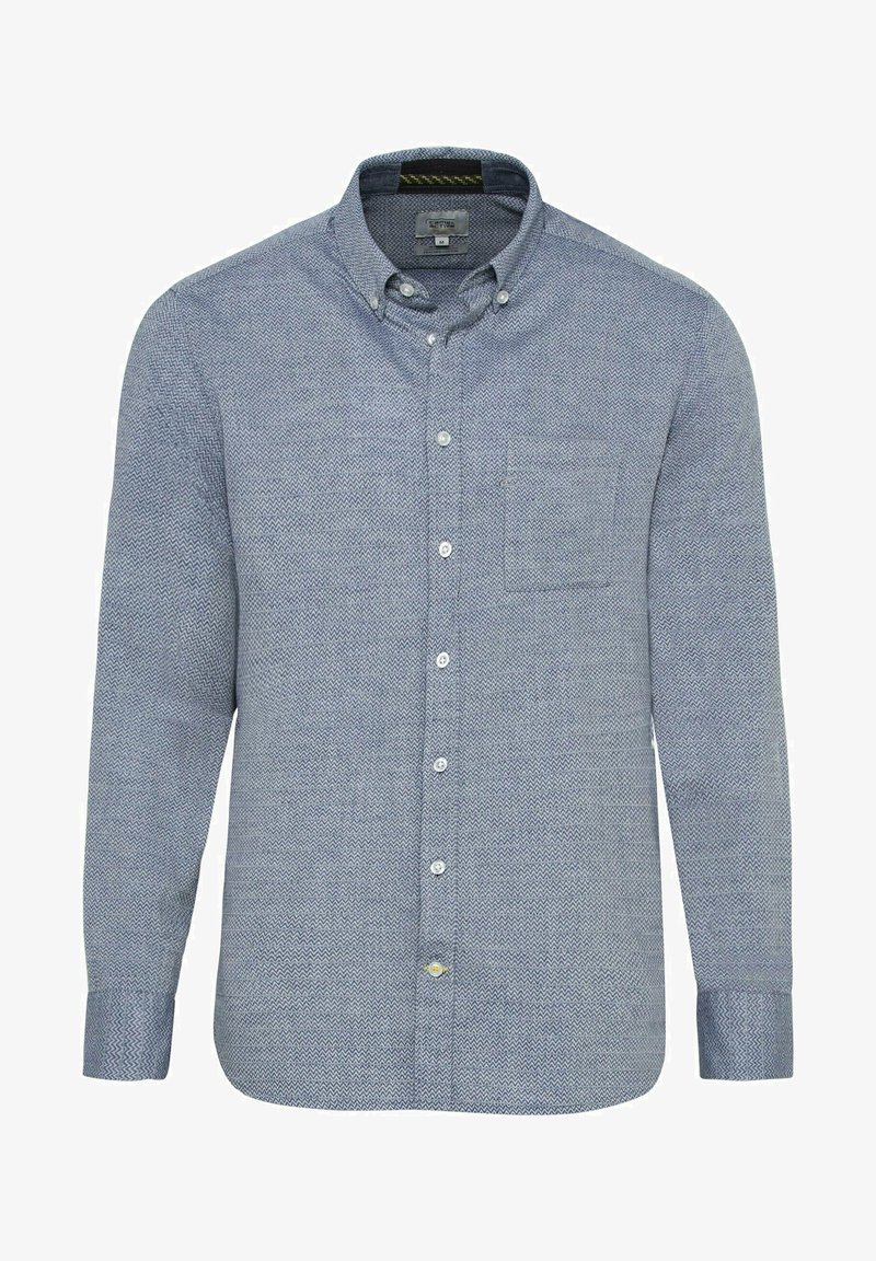 Chemise à manches longues boutonnée avec col boutonné en bleu clair avec un motif en zigzag subtil et une poche poitrine.