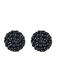 Runde schwarze Ohrringe aus strukturiertem Material, mit mehreren Facetten, die einen funkelnden Effekt erzeugen. Kompaktes und leichtes Design.