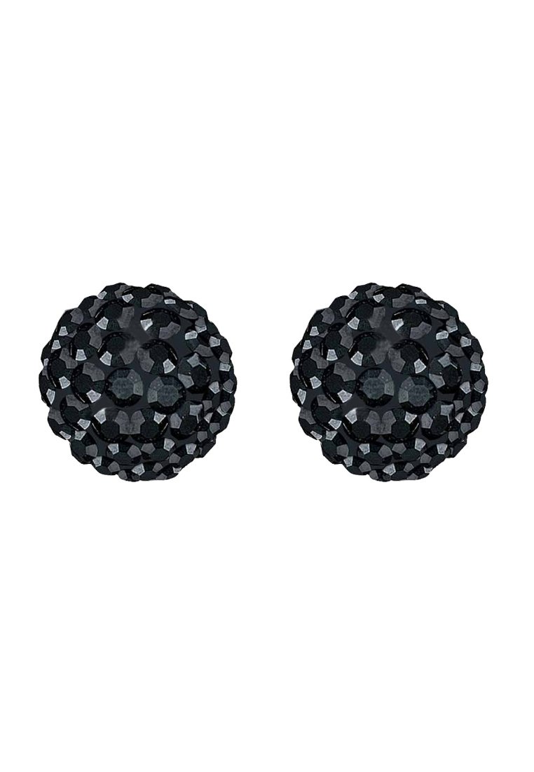Runde schwarze Ohrringe aus strukturiertem Material, mit mehreren Facetten, die einen funkelnden Effekt erzeugen. Kompaktes und leichtes Design.