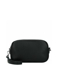 Borsa a tracolla rettangolare in pelle nera con superficie texturizzata, chiusura con zip e tracolla regolabile. Presenta un logo discreto sulla parte anteriore.