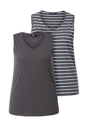 Zwei ärmellose Oberteile: eines einfarbig dunkelgrau mit V-Ausschnitt, das andere grau-weiß gestreift, beide aus weichem, atmungsaktivem Stoff.