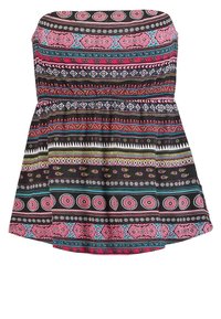 Vestido sin tirantes con un patrón vibrante de motivos circulares y geométricos en rosa, azul y blanco sobre un fondo negro.