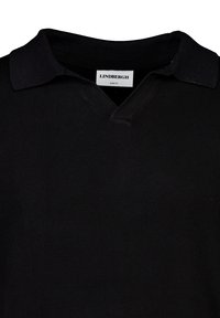 Svart, slim-fit pullover med V-ringning och kort krage, gjort av slätt, strukturerat tyg. Etiketten säger "LINDENBERGH."
