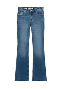 Flarilliset siniset denim-farkut, joissa on keskikorkea vyötärö, etutaskut ja sileä rakenne, puhtaan ja klassisen muotoilun kanssa.