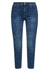 Jeans ajustados de denim azul oscuro, con un sutil patrón tonal, cinco bolsillos y costuras contrastantes a lo largo de la cinturilla.