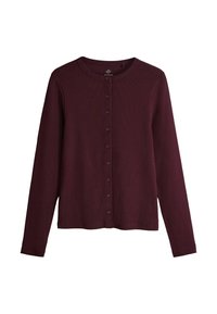 Dunkelburgunderfarbener, langärmeliger, gerippter Cardigan mit Rundhalsausschnitt und vorderem Knopfverschluss, einfacher und figurbetonter Stil.
