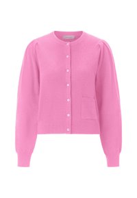 Cardigan en tricot rose avec manches longues, col rond, cinq boutons et une poche plaquée à l'avant. Texture douce et design ajusté.
