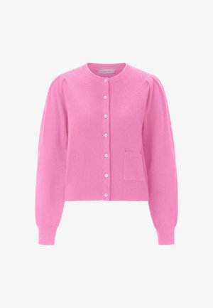 Ružový pletený kangor s dlhými rukávmi, okrúhlym výstrihom, piatimi gombíkmi a náprsnou kapsou vpredu. Mäkká textúra a priliehavý strih.