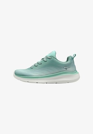 Atletische schoenen in licht mintgroen gaas, met een gevormde kraag, textuuraccenten en een dikke witte zool met een lichtgroene rand.