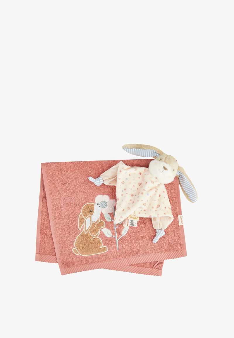 Couverture en éponge rose avec un design floral de lapin et un comforter doux beige en forme de lapin avec des oreilles à motifs, affichant un imprimé floral sur son corps.