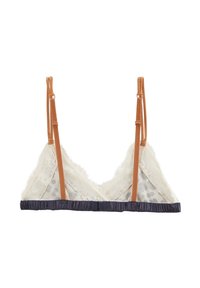 Bralette en dentelle avec des bretelles ajustables couleur sable, des bonnets triangulaires, une bande froncée marine, et un accent en imprimé léopard transparent sur les côtés.