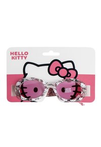 Occhiali da sole Hello Kitty con montatura bianca caratterizzati da un motivo rosa del personaggio e lenti rosa. Protezione UV 100% indicata sulla confezione.
