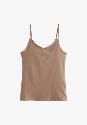 Braunes Tanktop mit verstellbaren Spaghetti-Trägern, hergestellt aus einem weichen, glatten Stoff. Mit V-Ausschnitt und geradem Saum.
