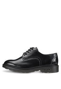 Scarpa elegante in pelle nera con punta arrotondata, design con lacci, dettagli cuciti e suola in gomma testurizzata. Presenta un piccolo logo sul lato.