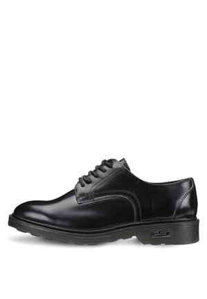 Scarpa elegante in pelle nera con punta arrotondata, design con lacci, dettagli cuciti e suola in gomma testurizzata. Presenta un piccolo logo sul lato.