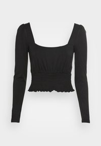 Top preto de mangas longas com decote quadrado, cintura franzida e bainha com volantes. Feito de um tecido suave e elástico para uma silhueta ajustada.