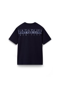 Navy blue cotton t-shirt with short sleeves. Features large "NAPAPIJRI" text graphic in light blue across the back. Classic crew neck design.