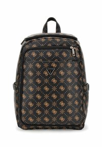 Sac à dos noir en simili cuir texturé, avec un motif doré et un logo. Fermetures éclair doubles et poignée supérieure avec poches latérales.