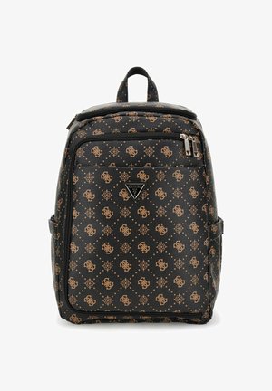 Schwarzer Rucksack aus strukturiertem Kunstleder, mit einem goldenen Muster und Logo. Doppelte Reißverschlüsse und ein Tragegriff oben sowie Seitentaschen.