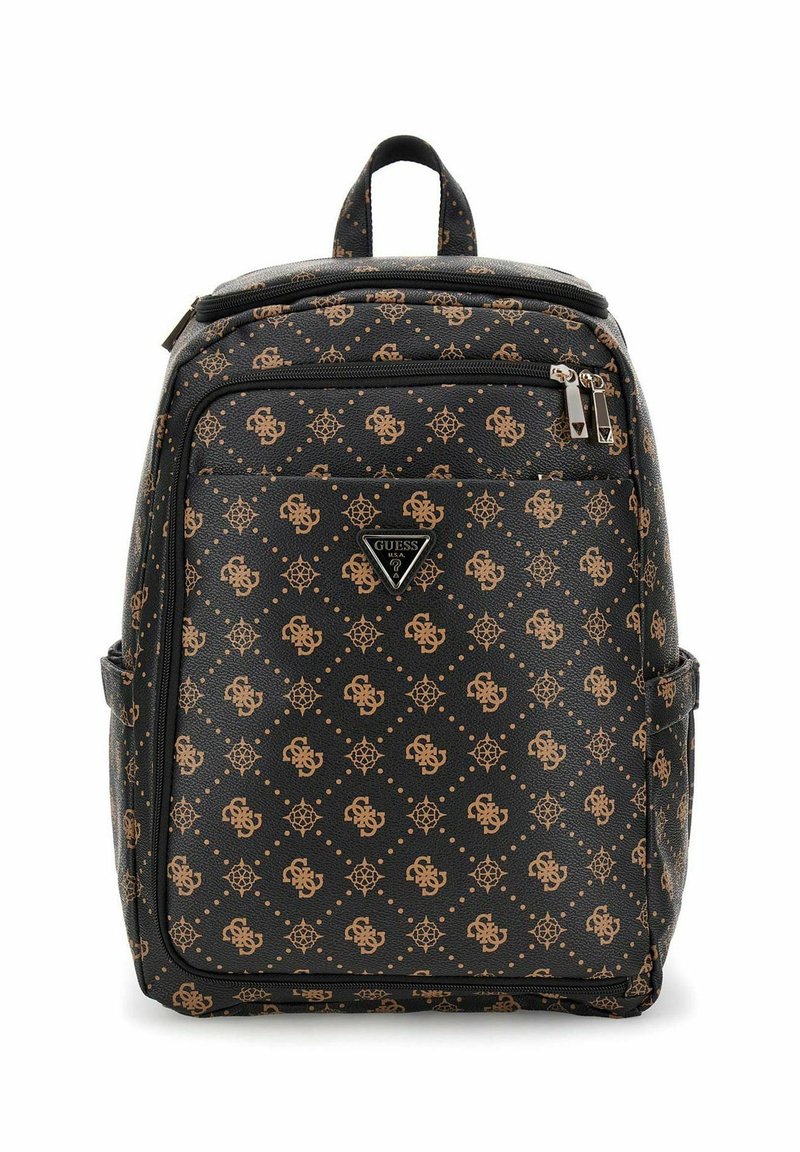 Sac à dos noir en simili cuir texturé, avec un motif doré et un logo. Fermetures éclair doubles et poignée supérieure avec poches latérales.