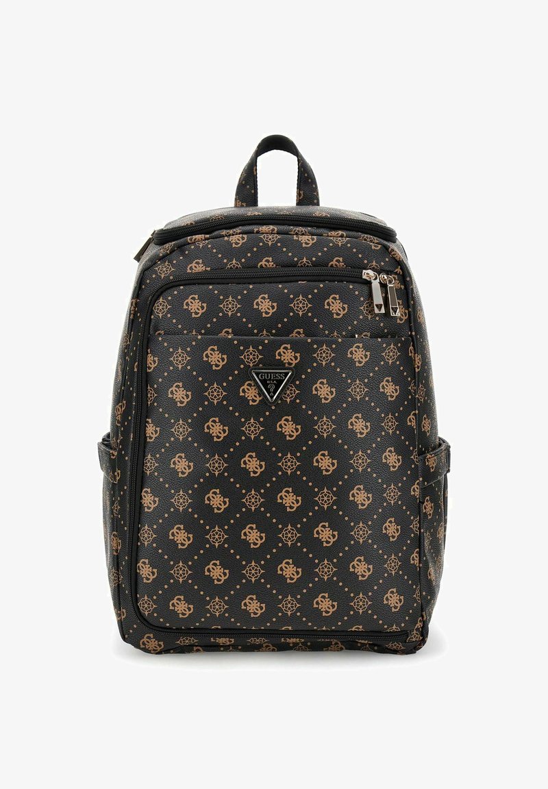 Sac à dos noir en simili cuir texturé, avec un motif doré et un logo. Fermetures éclair doubles et poignée supérieure avec poches latérales.