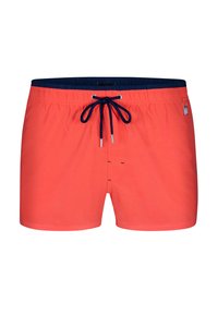 Pantaloni da bagno color corallo con cintura elastica blu navy, cordino regolabile e dettagli in metallo argentato. Presenta un design semplice con apertura frontale.