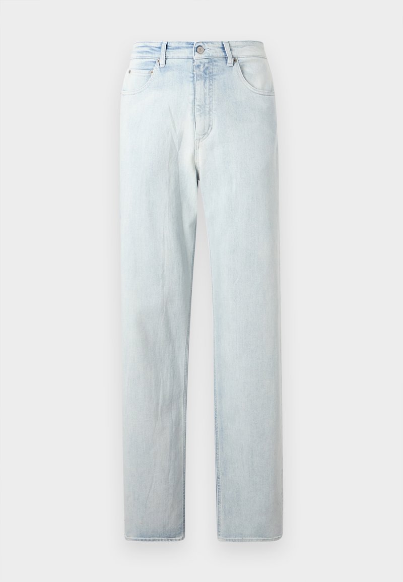 Lyseblå denimjeans med lige ben, fem lommer og klassisk knap- og lynlås-lukning. Glat tekstur med subtil falming.