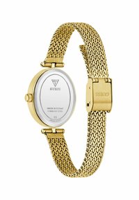 Orologio in acciaio inossidabile dorato con cinturino a rete, quadrante ovale e retro trasparente che mostra i dettagli di resistenza all'acqua e il movimento giapponese.