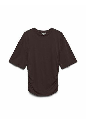Brązowy bawełniany t-shirt z okrągłym dekoltem, krótkimi rękawami i marszczonymi bokami, które dodają faktury i kształtu.