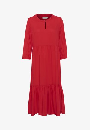 Rode jurk tot de knie met driekwart mouwen, een ronde ruches halslijn en een gelaagd rokontwerp. Gemaakt van lichte stof.