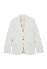 Off-white blazer med enkelt knaplukning, notch revers, to forlommer og en glat tekstur. Foret indvendigt i en lysere nuance.