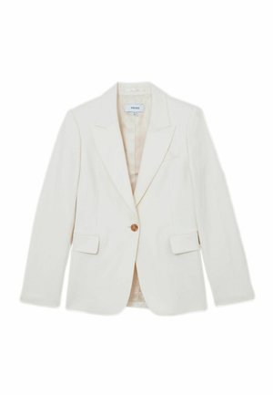 Off-White Blazer mit Ein-Knopf-Verschluss, kleinen Revers, zwei Vordertaschen und glatter Textur. Gefüttertes Innenfutter in einem helleren Farbton.