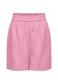 Růžové lněné šortky s elastickým pasem, volného střihu a rovnými nohavicemi. Hladký textil s čistým zakončením.