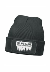 Dark gray knit beanie with ribbed texture, featuring a rectangular patch displaying white text and a black silhouette of trees.