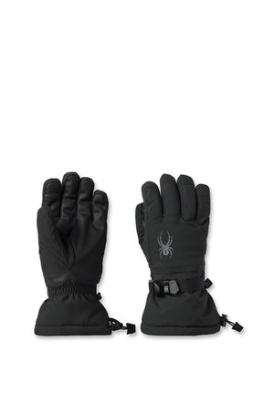 Paire de gants d'hiver noirs isolés avec des sangles ajustables au poignet et un logo araignée sur le dos d’un gant, présentée sur fond blanc.