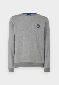 Sweatshirt griș cu guler rotund, cu textură în zigzag, cu manșete și tiv din material elastic, are un accent albastru la gât și un logo brodat pe piept.