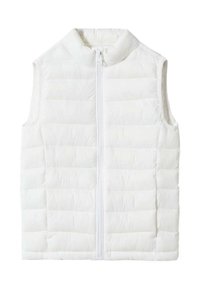 White puffer vest featuring a high neck, sleeveless design, horizontal quilting, and a front zipper closure. Smooth, lightweight material.