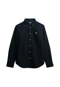 Camisa de botones navy hecha de algodón, con cuello extendido, mangas largas y un pequeño logo bordado en el pecho.