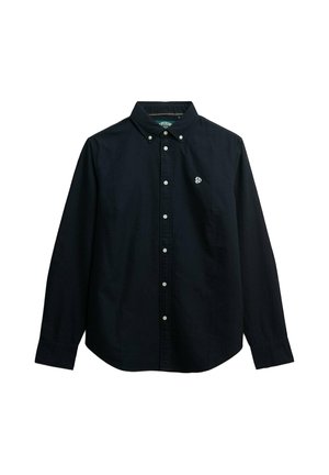 Navy button-up shirt made of cotton, featuring a spread collar, long sleeves, and a small embroidered logo on the chest.