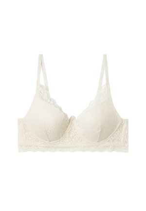 Soutien-gorge en dentelle blanc cassé avec des bords festonnés, des bretelles ajustables et des bonnets moulés ornés d'un motif floral. Texture douce et design sans coutures.