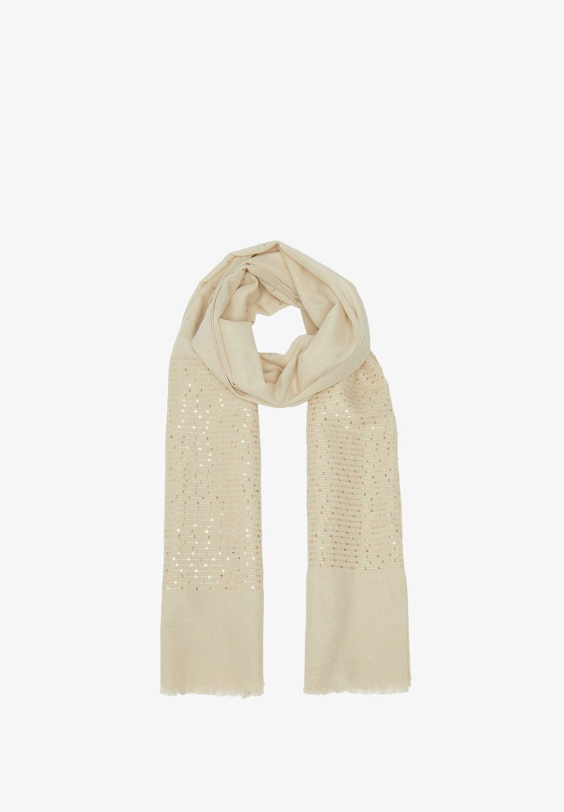 Kremowy szalik o lekkiej teksturze, z kropeczkowym wzorem i postrzępionymi końcami dla dodatkowego szczegółu.