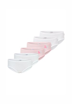 Sieben Paar Baumwollmischung-Slips in Pink und Weiß, mit einer glatten Textur, elastischem Bund und einem Einhorn-Print auf einem Paar.