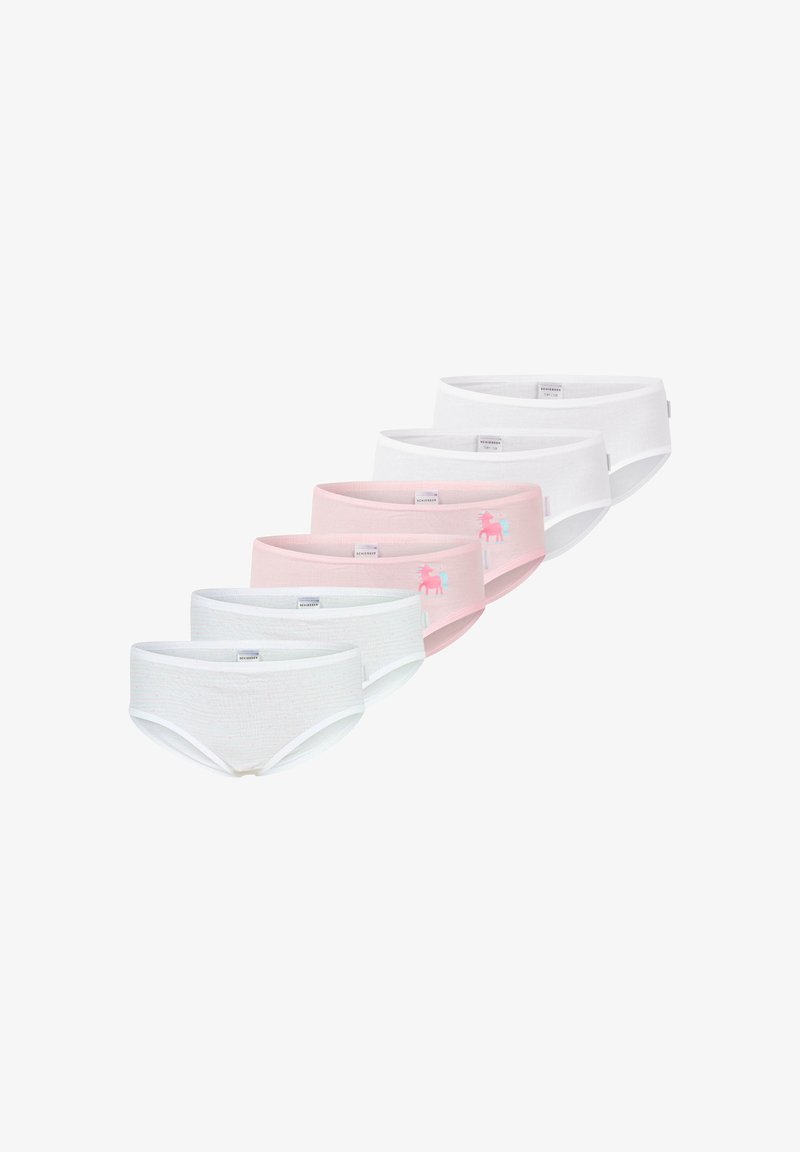 Zeven paar katoenen onderbroeken in een mix van katoen in roze en wit, met een gladde textuur, elastische tailleband en een eenhoornprint op één paar.