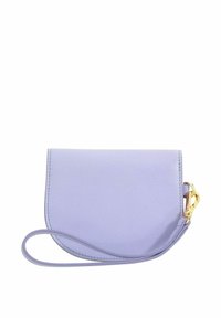 Lilac leather purse with a rounded flap design. Features a gold hardware clasp and a matching detachable strap. Smooth texture.